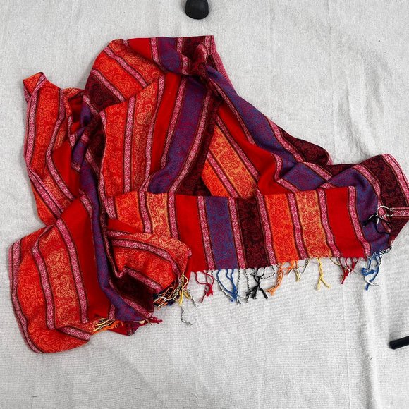 Pashmina Stripe Oversized Blanket Scarf fringe edges Silk Blend - Picture 4 of 9